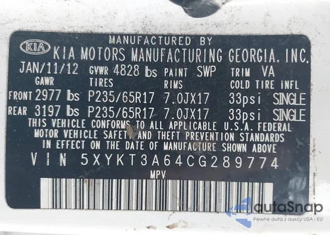 2012 Kia Sorento Lx из США, поврежденный, VIN 5XYKT3A64CG289774